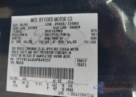 2004 Ford Ranger Edge/Tremor/Xl/Xlt из США, поврежденный, VIN 1FTYR14U04PB49257